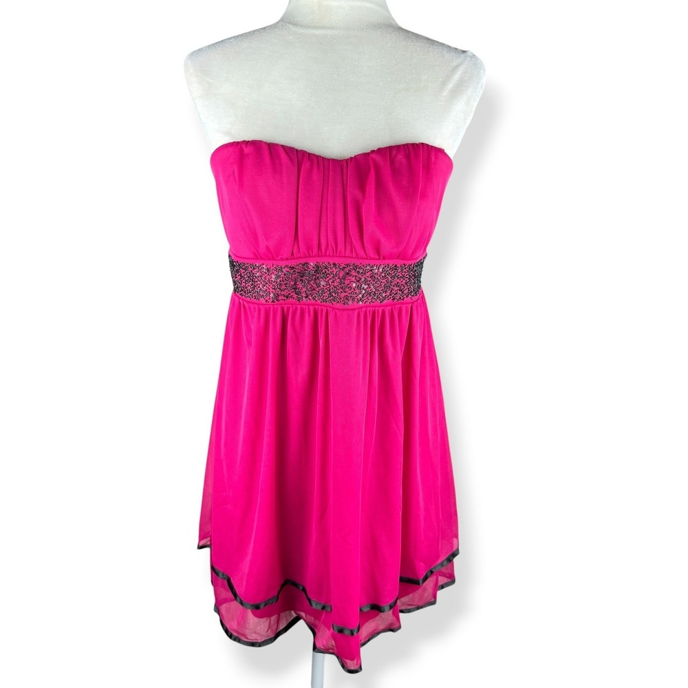 Y2K La Belle Party Dress Size Large Strapless Pink Chiffon Glam Beaded Hoco